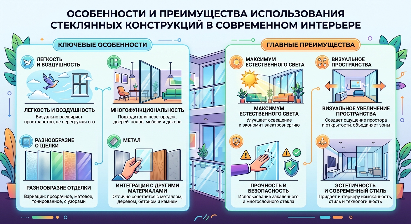 Особенности и преимущества использования стеклянных конструкций в современном интерьере